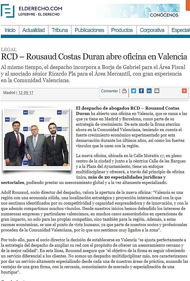 RCD  Rousaud Costas Duran abre oficina en Valencia